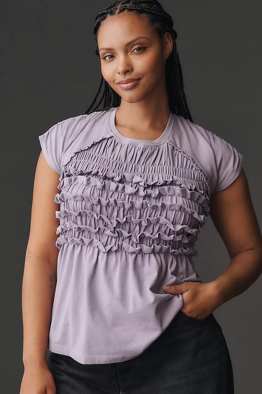 Maeve Anthropologie Smocked Ruffle Top Short Sleeve Ruffle Cotton Boho L 284282