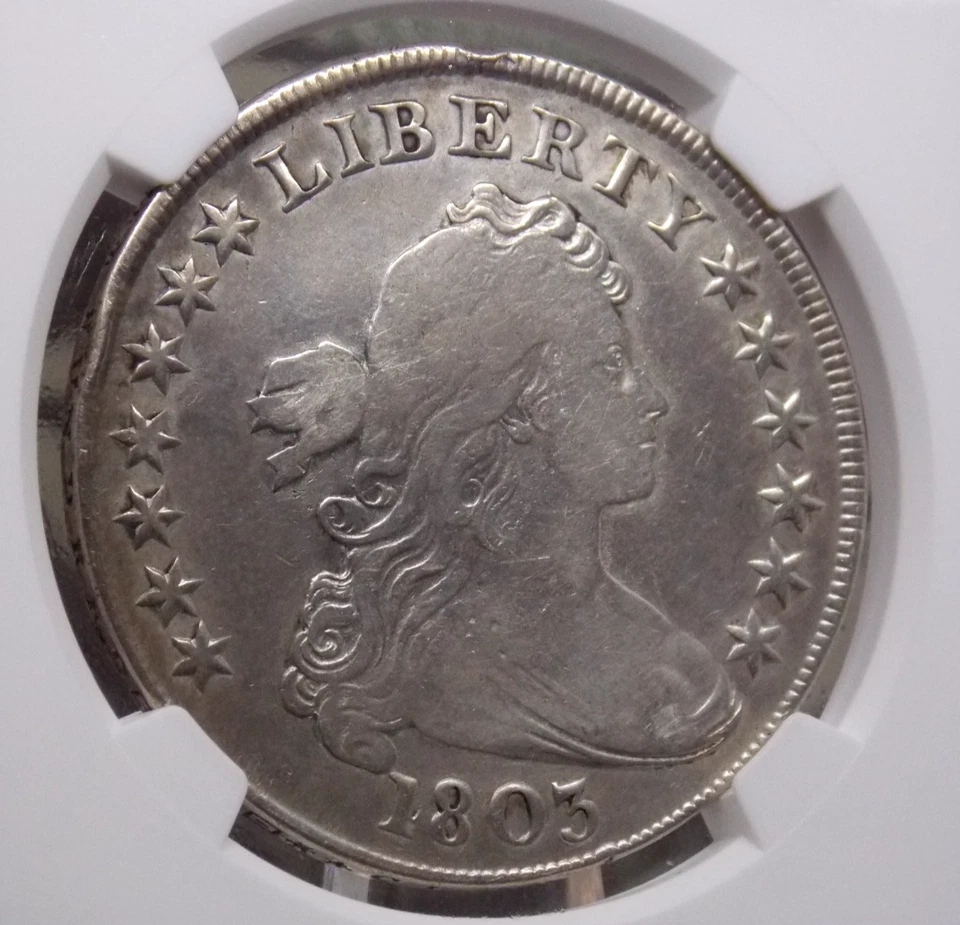Un dólar de plata busto drapeado 1803 $1 NGC VF detalles #006 muy fino ECC&C, Inc. Foto 2 de 4