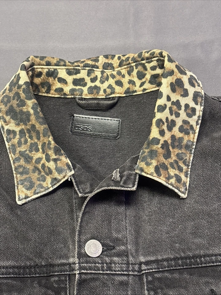 ASOS Mens Blqck Button Up Denim Jacket Leopard Print Size Small - Image 2 of 4