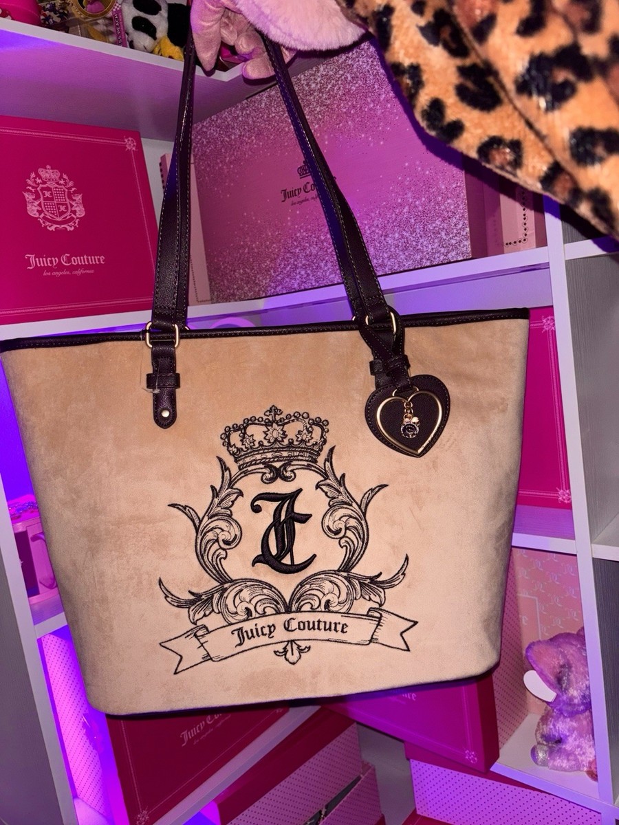 Juicy Couture Beige velvet Brown tote Bag Heart Charm Embroidered 