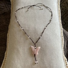 Rose quartz Carved Butterfly Insect Pendant Adjustable Braided Cord Necklace28"