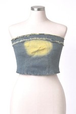 Women s Strapless Denim Corset Top Size M Distressed Raw Hem Zip Back.