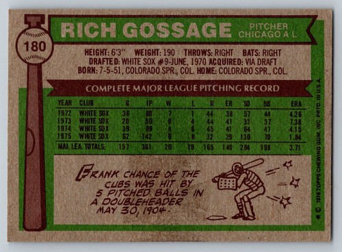 1976 Topps #180 Rich Gossage VG-EX Chicago White Sox - Bild 2 von 2