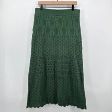 NEW House of Harlow 1960 Green Knit Midi Skirt Crochet Lace Trim Boho Size Large