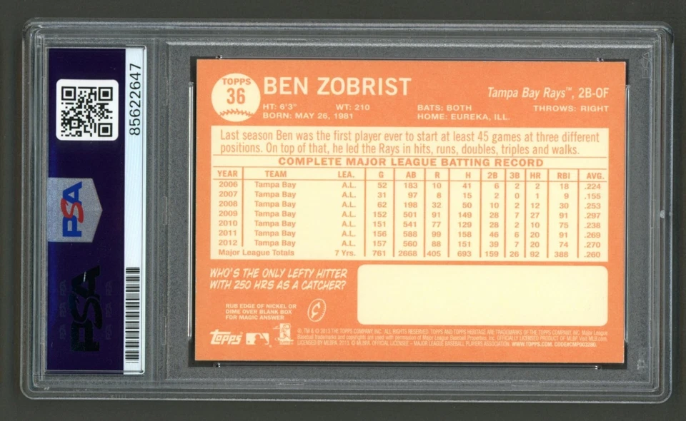 Ben Zobrist Signed 2013 Topps Heritage Card #36 (PSA) Tampa Bay Rays Auto - Image 2 of 2