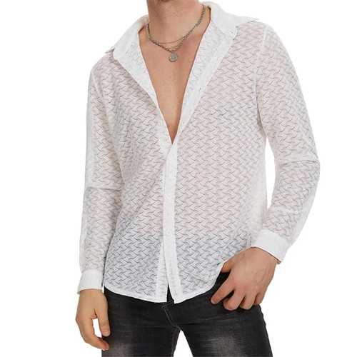 Comfortable Men's Mesh See Through Top V Neck Long Sleeve Loose Fit Shirt Hollow - Picture 13 of 26
