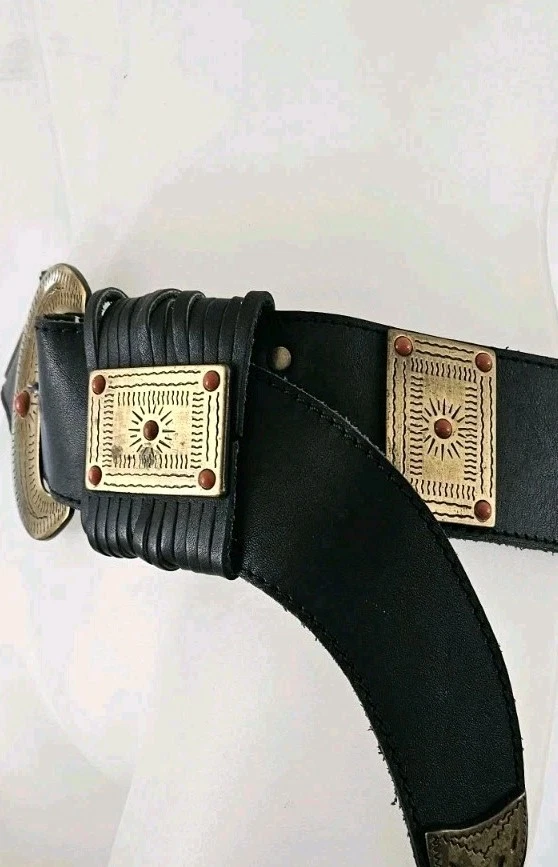 Cinto feminino vintage bronze nativo lua pedra coral concha couro preto grosso tamanho 28-30 - Imagem 4 de 4