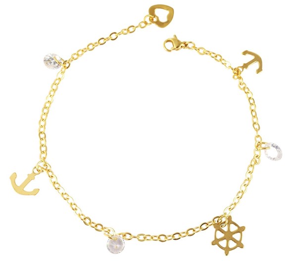 Akzent Edelstahl FußKette 25Cm LäNge Goldfarben Anker- SteinchenanhäNger-image