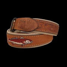 Zep-Pro Leather Fish Embroidered Belt Size 38 Made in USA Brass Buckle Outdoors