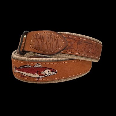 Zep-Pro Leather Fish Embroidered Belt Size 38 Made in USA Brass Buckle Outdoors
