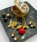 Vintage Costume Jewelry Lot of 6 & Gold Tone Cloisonné Heart Shaped Trinket Box