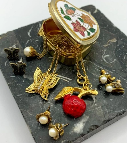 Vintage Costume Jewelry Lot of 6 & Gold Tone Cloisonné Heart Shaped Trinket Box