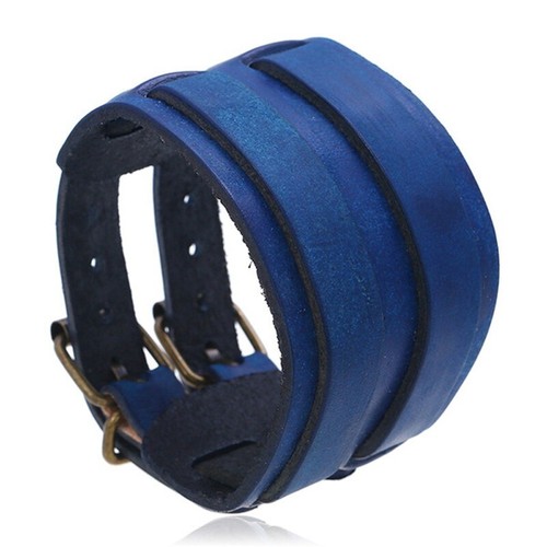 Men's Punk Wide Adjustable Cuff Bangle Genuine Leather Wristband Belt Bracelet - Picture 5 of 19