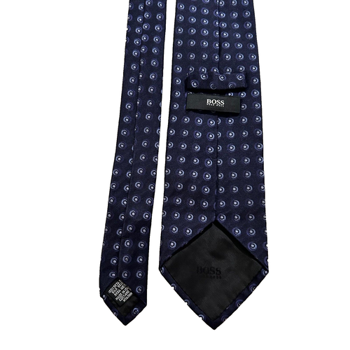 Boss Hugo Boss Navy Foulard Geometric Circles Silk Tie Made in Italy - Picture 5 of 6