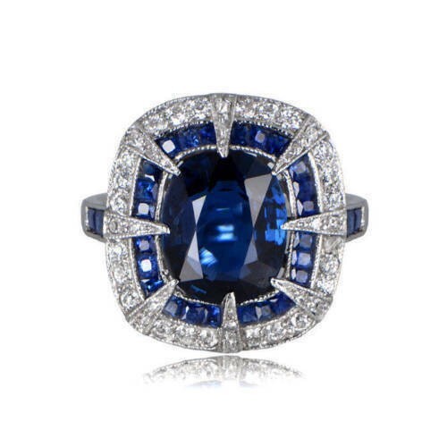 2 Ct Cushion Blue Sapphire Lab Created Double Halo Ring 14K White Gold Plated - Picture 3 of 3