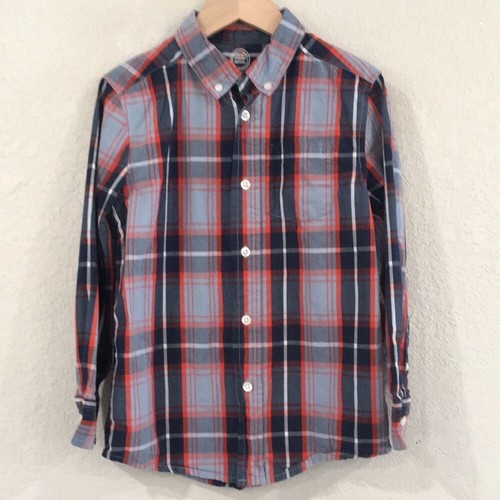 Wonder Nation Boys S 6/7 Shirt Blue & Orange Plaid Button Up 100% Cotton Preppy