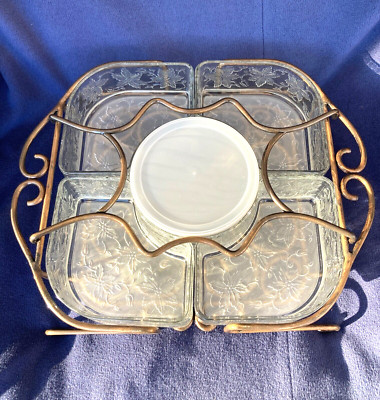 Princess House Fantasia Crystal Chip And Dip/ Veggie Server With Metal Caddy 8pc