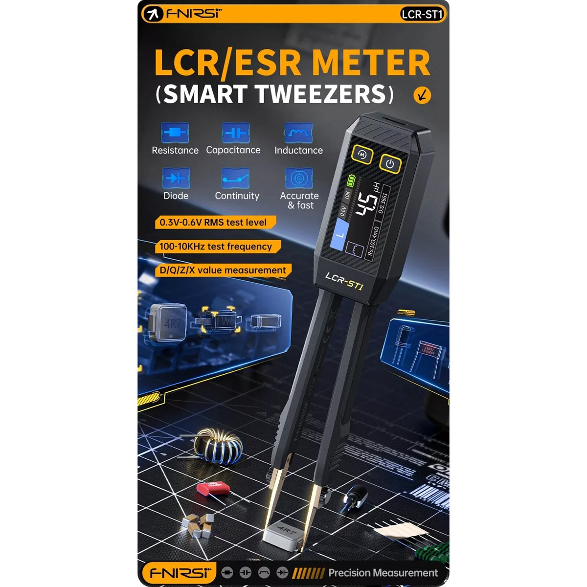 FNIRSI LCR-ST1 Smart Tweezer LCR SMD ESR Mini Tester Ohm Cap
