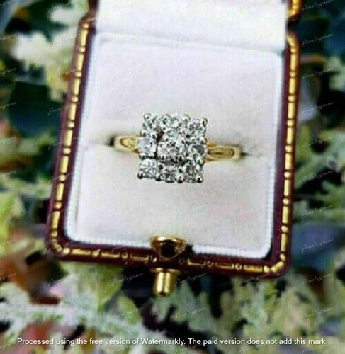 2Ct Round Cut Lab Created Diamond Cluster Engagement Ring 14K Yellow Gold Plated - Picture 5 of 6