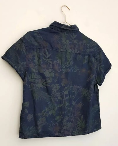 Unisex Topshop moto cotton linen dark blue floral shirt blouse size 8 - Picture 5 of 6