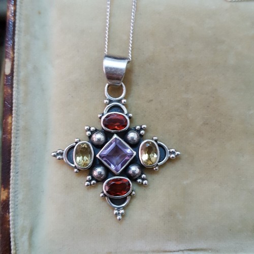 Qvc 925 Sterling Silver Necklace, Multi Gemstones Pendant, Cross Pendant - Picture 9 of 9