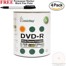 400 16X Smartbuy DVD-R White Thermal Hub Printable Disc + Black Permanent Marker