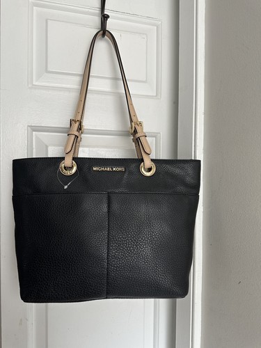 NWOT MICHAEL KORS Black Pebble Leather Zip Pocket Tote Purse Large Shoulder Bag