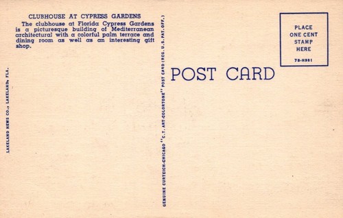 Clubhouse at Florida Cypress Gardens Florida Postcard - Picture 2 of 2