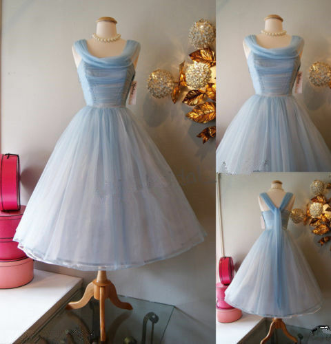 Vintage Blue 1950s Short Cocktail Prom Dresses Knee Length Cinderella Party  Gown