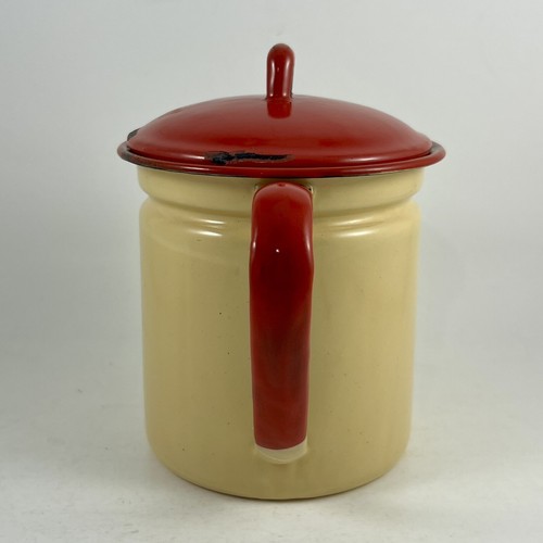 Vintage 1940s Enamel Coffee Pot Tan With Red Lid And Trim - Picture 3 of 19