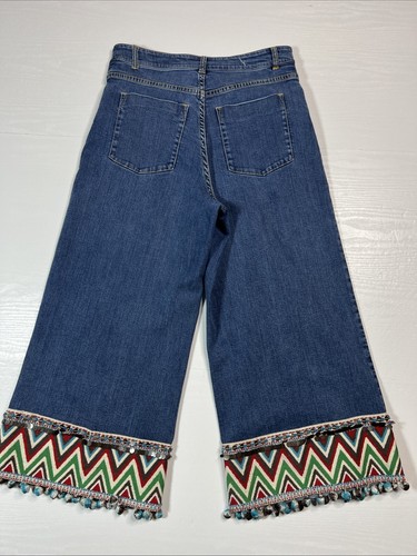 Alice Olivia Beta Embroidered PomPom Hem Wide Leg Crop Jean Womens 28 High Rise - Picture 15 of 19