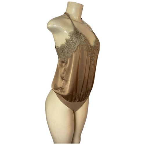 Abercrombie Bodysuit Medium Brown Gold Lace Satin Top Look Boho Y2K Fairycore - Picture 4 of 9