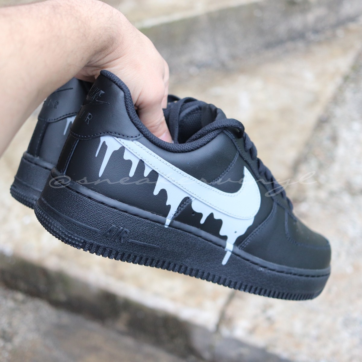 Nike Air Force 1 Low Black Concrete Grey Paint Drip Custom (GS)