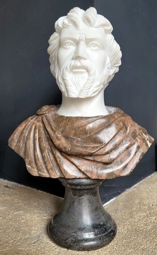 Antique Roman Emperor Bust Marcus Aurelius Sculpture in 3 Marbles 20th Century