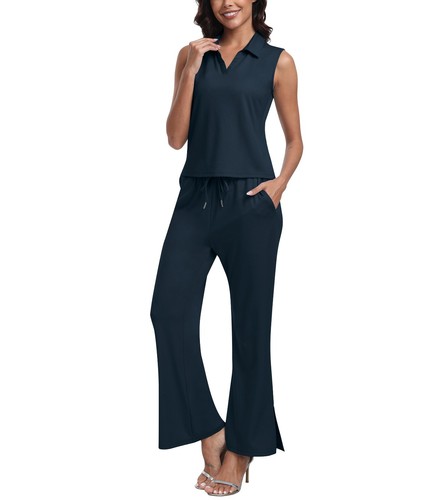 Women's Casual Outfits Set with Pocket Two Piece Sleeveless Shirt Wide Leg Pant - Picture 67 of 81