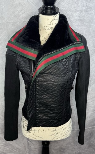 Black Vegan Leather Asymmetrical Moto Jacket Green & Red Accent Stripes Sz Small - Picture 5 of 9