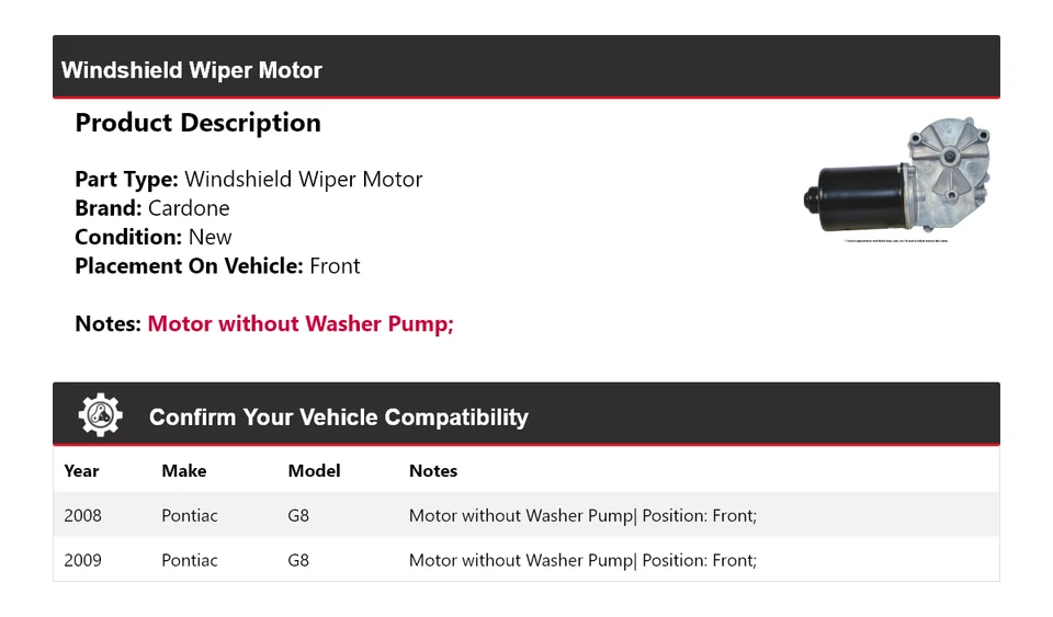 For 2008-2009 Pontiac G8 Windshield Wiper Motor Front Cardone - Image 2 of 4