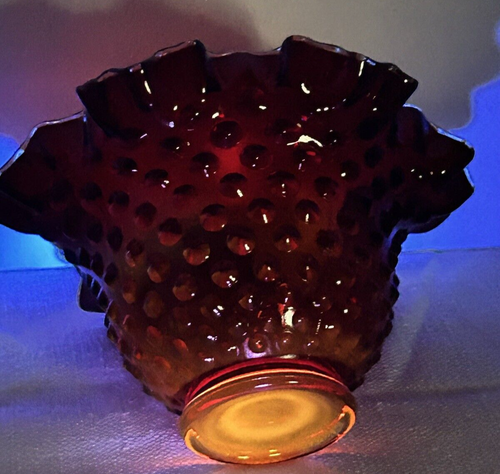 Fenton Amberina Ruby Red Hobnail Rose Bowl Vase Crimped Ruffled 4” UV Reactive - Picture 15 of 18
