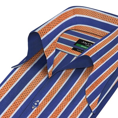 John Clothier High Open Bow Collar Vintage Orange Stripes 100% Cotton Mens Shirt