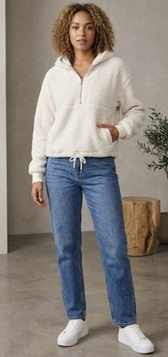 Pink Rose Cream Teddy Sherpa Quarter Zip Hoodie Pullover Sweatshirt Size Large