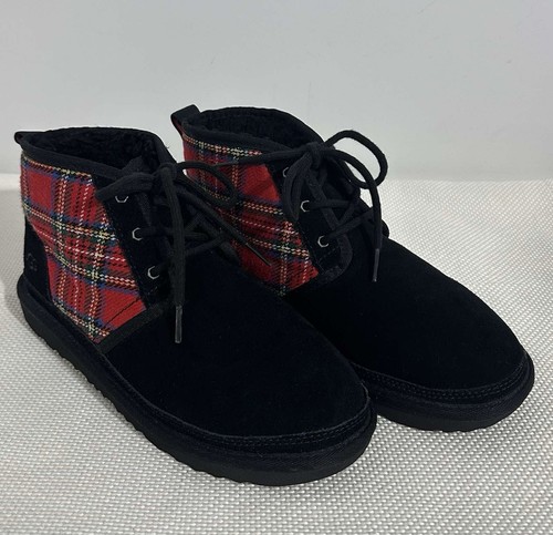 UGG Neumel Chukka Boots Womens US 6 Suede Wool Fur Black Red Blue Green Plaid - Picture 5 of 10