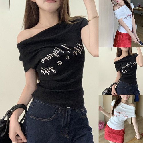 T-shirt donna manica corta scritta Gyaru retrò giocosa con spalle scoperte