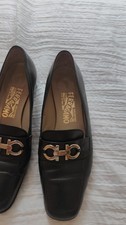 Salvatore Ferragamo Black Gancini Leather Block Heel Loafers Shoes Size 8