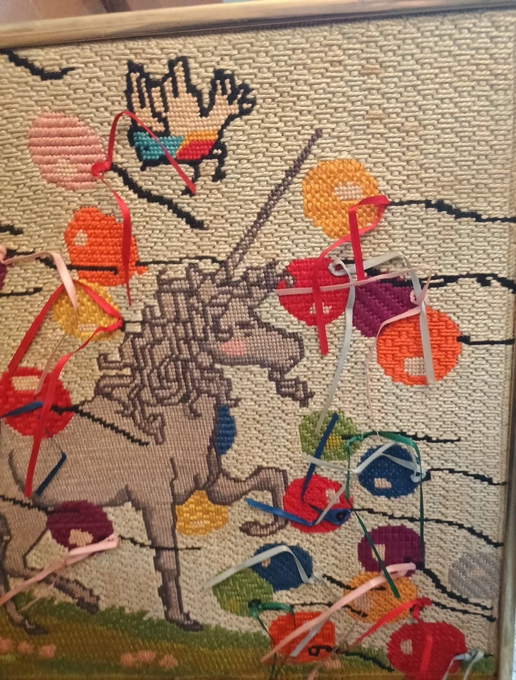 Vtg SWEET Completed Cross Stitch Purple Unicorn Bird Balloons Ribbons Framed 14" - Image 3 of 4