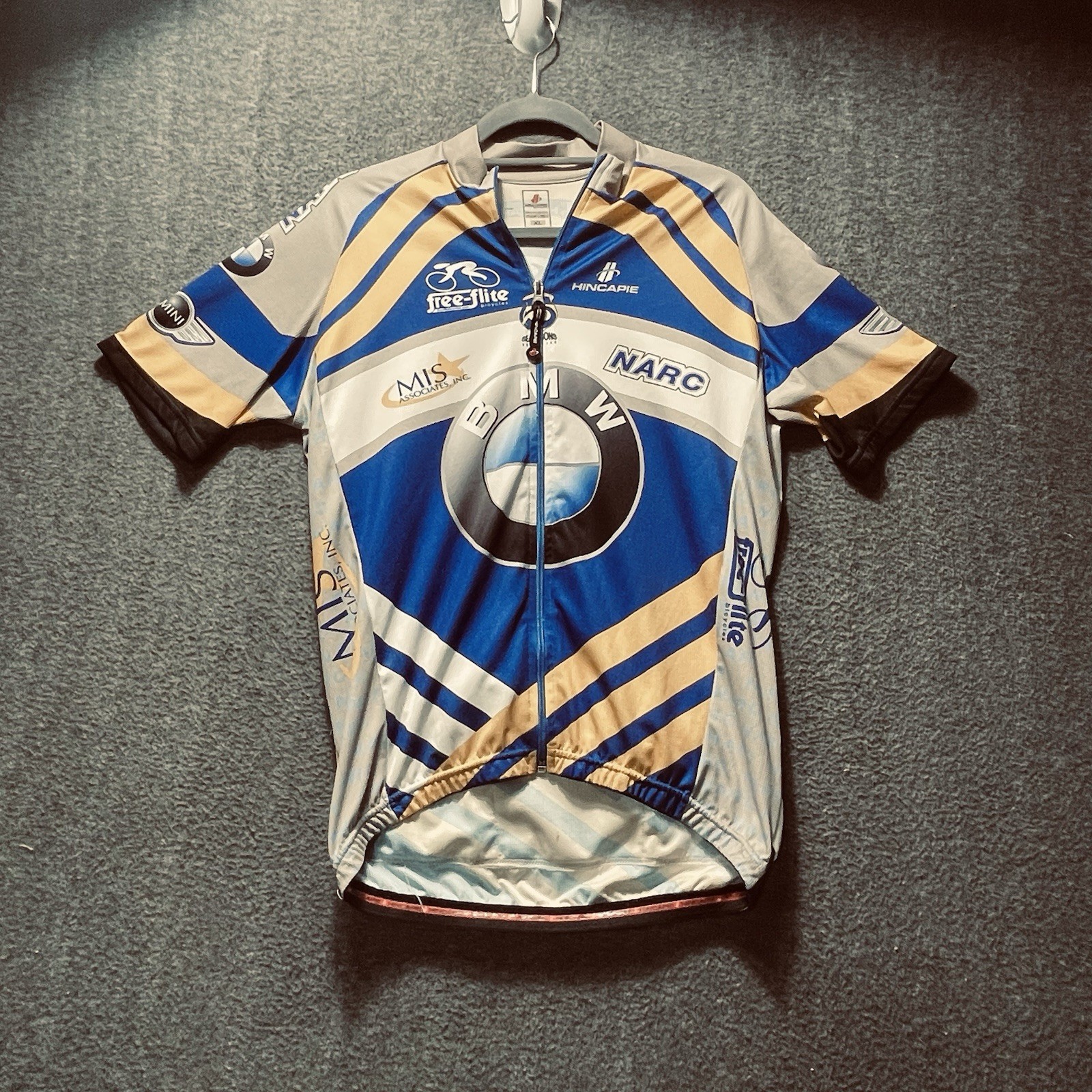 Hincapie Mens BMW Blue White Yellow Short Sleeve Jersey Size XL Full Zip Cycling