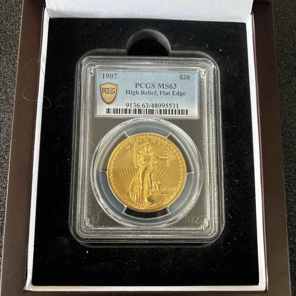 Borde plano alto relieve Saint Gaudens 1907 $20 doble águila graduación profesional MS63 Foto 3 de 3