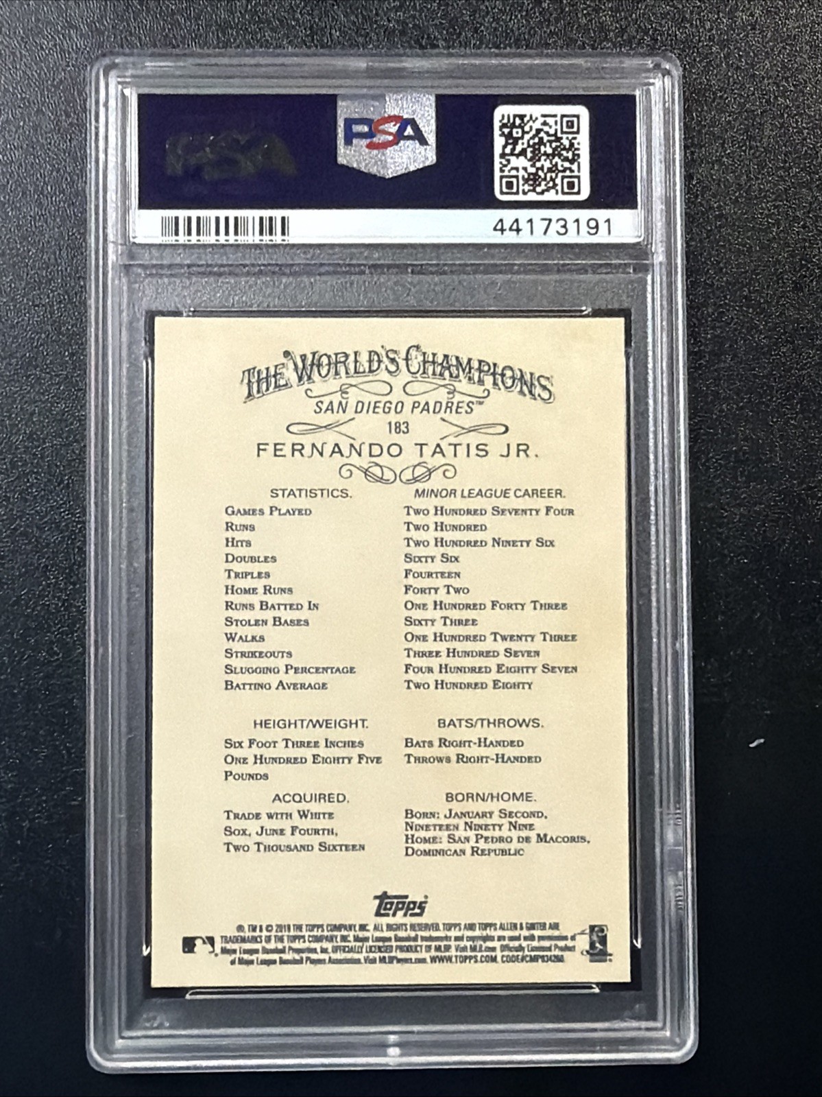 2019 Topps Allen & Ginter Fernando Tatis Jr. Rookie #183 PSA 10 GEM MINT A4 view 2