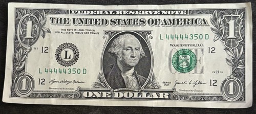 2021 San Francisco $1 Bill Five Solid 44444’s Fancy Numbers Note