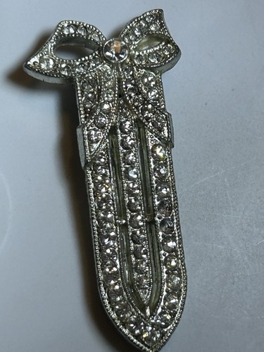 Clip sciarpa art deco strass lucidi tono argento vintage BUONA - Foto 1 di 9