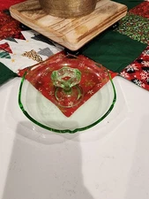 Vtg Green Uranium Depression Glass Tidbit Serving Dish - GLOWS 